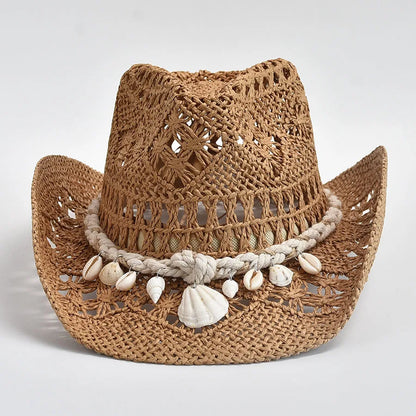 Chapéu de Palha Tecido à Mão com Conchas – Panama Feminino Praia Verão