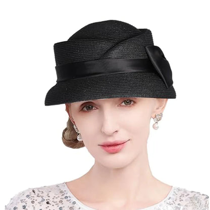 Elegant straw fedora hat French style with bow – women's summer church wedding hat