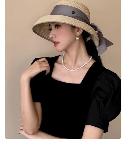 Chapéu de Sol de Palha Estilo Hepburn – Laço Retro Francês Aba Larga Feminino