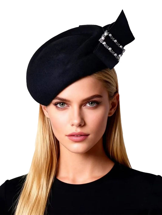 Elegant wool felt fascinator beret – formal tea party cocktail hat with bow