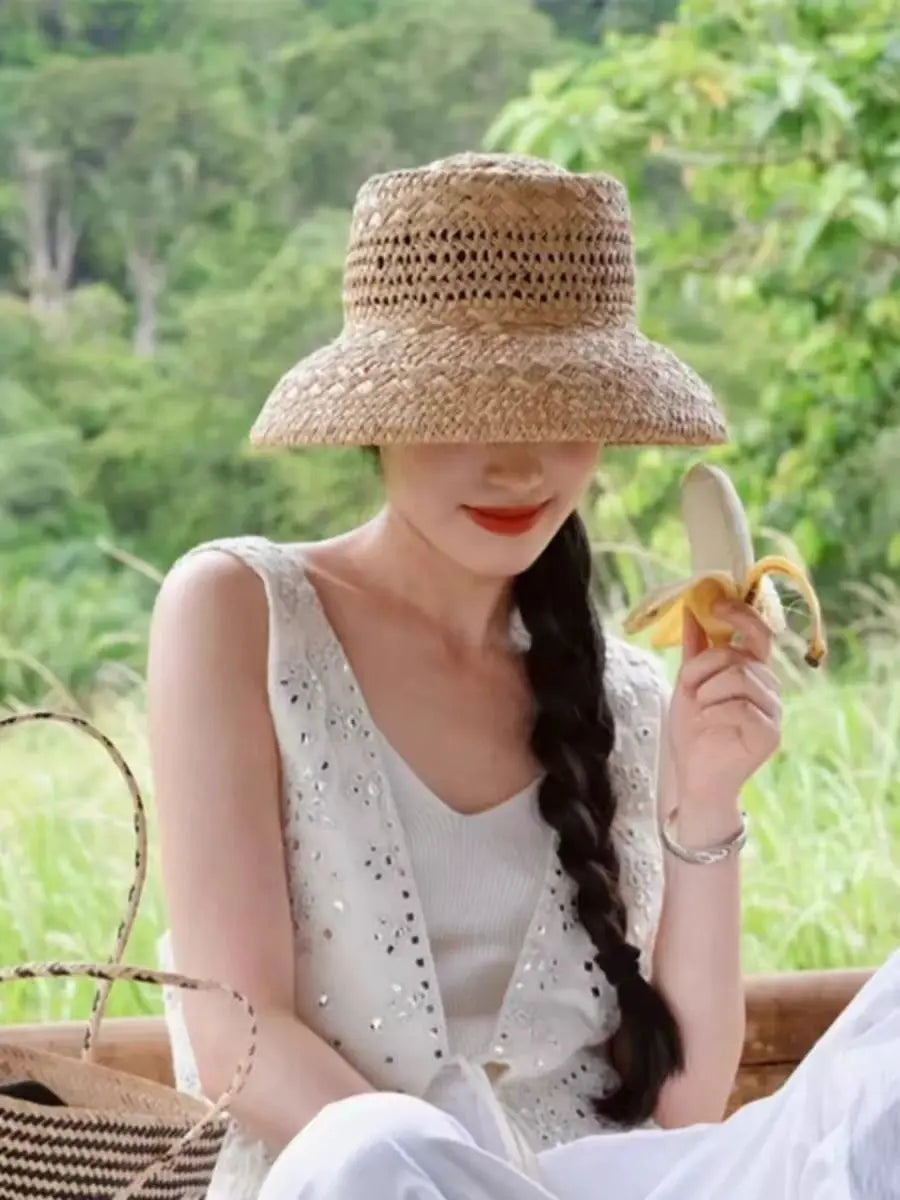 Chapéu de Sol Raffia Retro Francês – Oco Respirável Topo Côncavo Feminino Verão