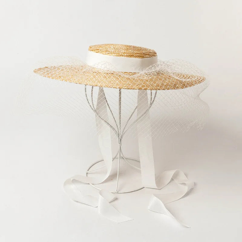 Chapéu de Palha Estilo Francês Hepburn – Aba Larga Flat Top Feminino Verão