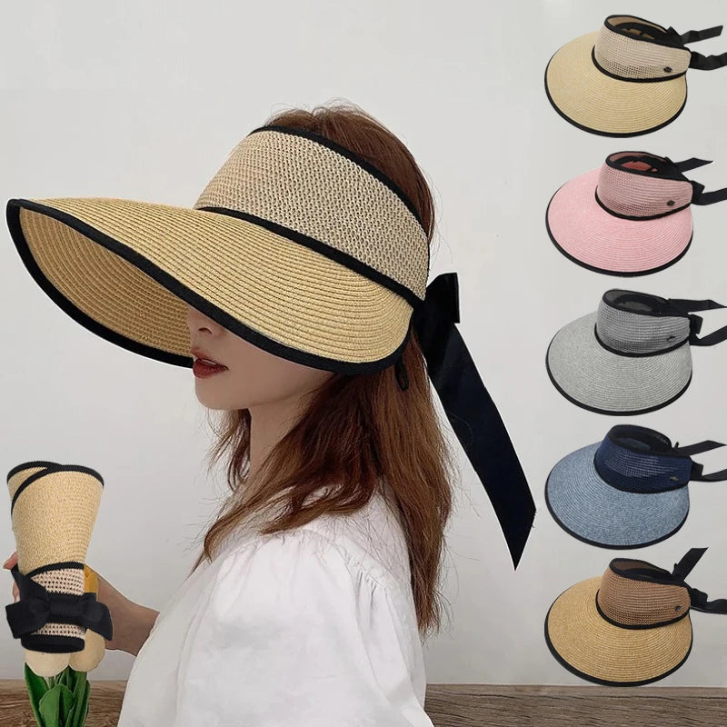 Chapéu de Sol de Palha Topo Vazio – Dobrável com Laço Proteção UV Feminino