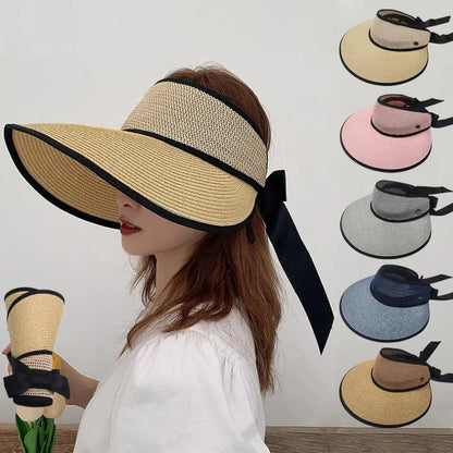 Chapéu de Sol de Palha Topo Vazio – Dobrável com Laço Proteção UV Feminino