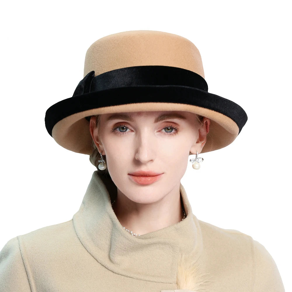 Camel flat top wool felt fedora hat – casual elegant curl brim women's hat