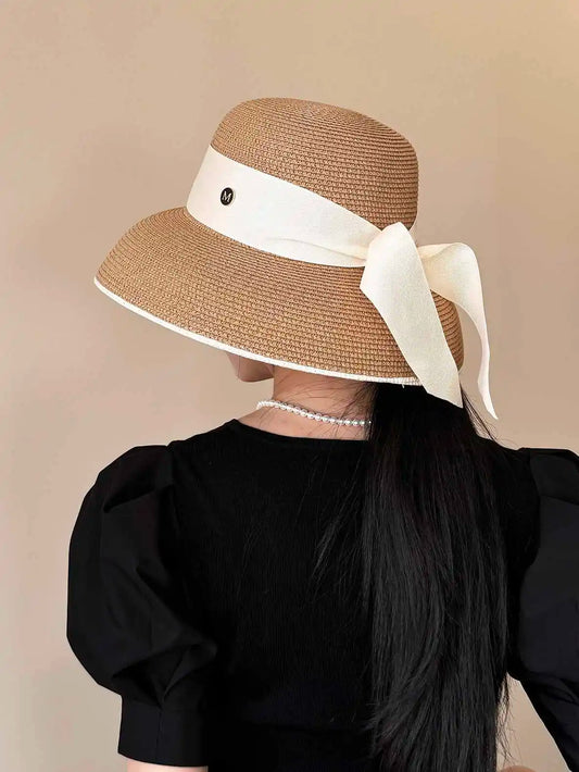 Chapéu de Sol de Palha Estilo Hepburn – Laço Retro Francês Aba Larga Feminino